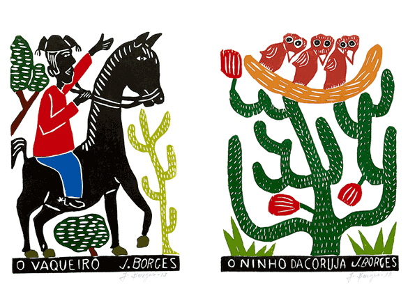 J. Borges, O vaqueiro [le cowboy], 2013 (gauche). Gravure sur bois 48 x 33 cm. Courtesy de l'artiste, Bezerros /// J. Borges, O Ninho Dacoruja, 2013 (droite). Gravure sur bois, 48 x 33 cm. Courtesy de l'artiste, Bezerros.