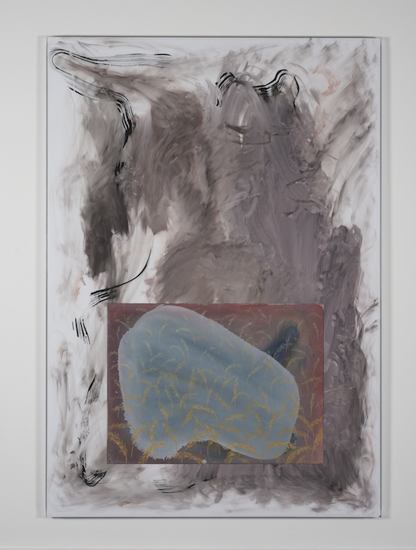 Will Benedict The Buffet, 2014 Gouache sur toile et panneau de mousse, verre, aluminium, scotch / Gouache on foamcore and canvas, glass, aluminium, tape, 155 x 108 cm. Collection privée / Private collection. Vue de l’exposition / Installation shot from : Will Benedict « Corruption Feeds », Bergen Kunsthall. Photo : Thor Brødreskift.