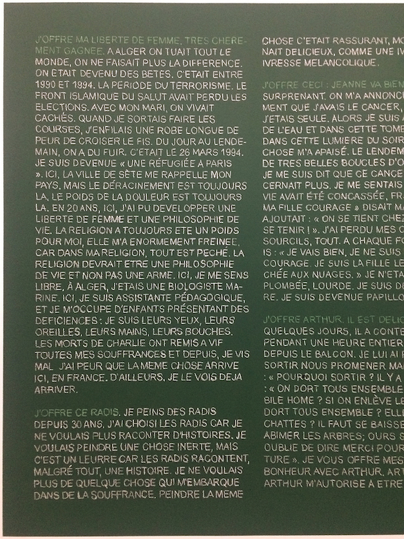 Sylvie Blocher, Exposition "S'inventer autrement", CRAC Sète QU'OFFREZ-VOUS ?, 2015, peinture pour tableau d'école, dessins à la craie, réalisé avec les paroles et les mots des participants, habitants de la ville de Sète et de la Région Languedoc-Roussillon Photographie Sylvie Blocher