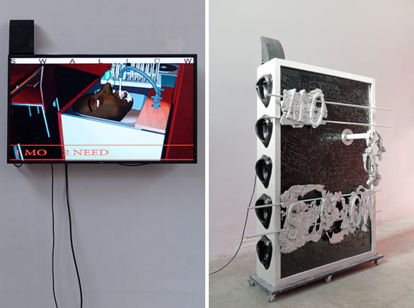 Vue de l'exposition monographique de David Douard "Mo'Swallow", dans le cadre de la saison L'Etat du ciel (14.02.14 - 12.05.14), Palais de Tokyo, Paris. Courtesy Galerie High Art.
Photo : Aurélien Mole.