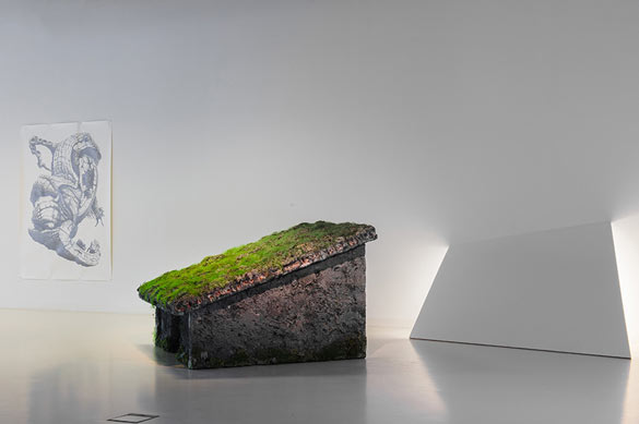 Exposition Etrange nature, Le Pavillon Blanc, Colomiers, 25.01>26.04.2014. Photo Y. Gachet. (A gauche : Kate Atkin, Starling, 2012 ; à droite : Emilie Benoist, Macro-monde, 2013.)