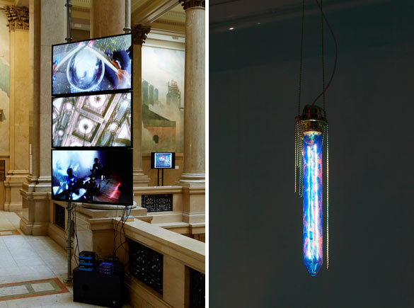 Tobias Madison, Workshop, 2013 (gauche/left). Vidéo tricanaux, 20’ au total, en boucle / Digital Video, 3-channel, 20min total, looped. Vue d’installation / Installation View: Carnegie International 2013, Carnegie Museum of Art, Pittsburgh. Courtesy Tobias Madison /// Tobias Madison, Feedback, 2012 (droite/right). Tissu, ampoules électriques, peinture thermo-résistante, vidéo 22’ en boucle / Fabric, lightbulbs, thermo-resistant paint, digital Video 22’ looped. Vue d’exposition / Installation View : Karma International, Zurich. Courtesy Tobias Madison