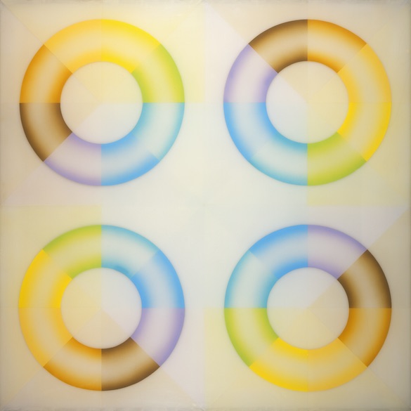 Judy Chicago, Pasadena Lifesavers Yellow Series #2, 1969-70. Laque acrylique sprayée sur acrylique, 152.4 × 152.4 cm. Photo © Donald Woodman